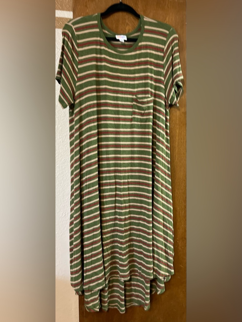 LuLaRoe Carly Olive Green, Red & Cream Striped Dress
